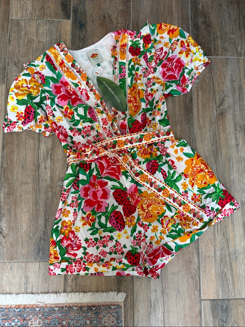 Farm Rio Off-White Floral Romper with Red, Yellow & Green Accents